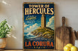 A vintage-style metal sign advertising the Tower of Hercules, a historic landmark in La Coruna, Spain.
