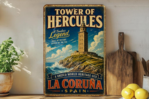 A vintage-style metal sign advertising the Tower of Hercules, a historic landmark in La Coruna, Spain.