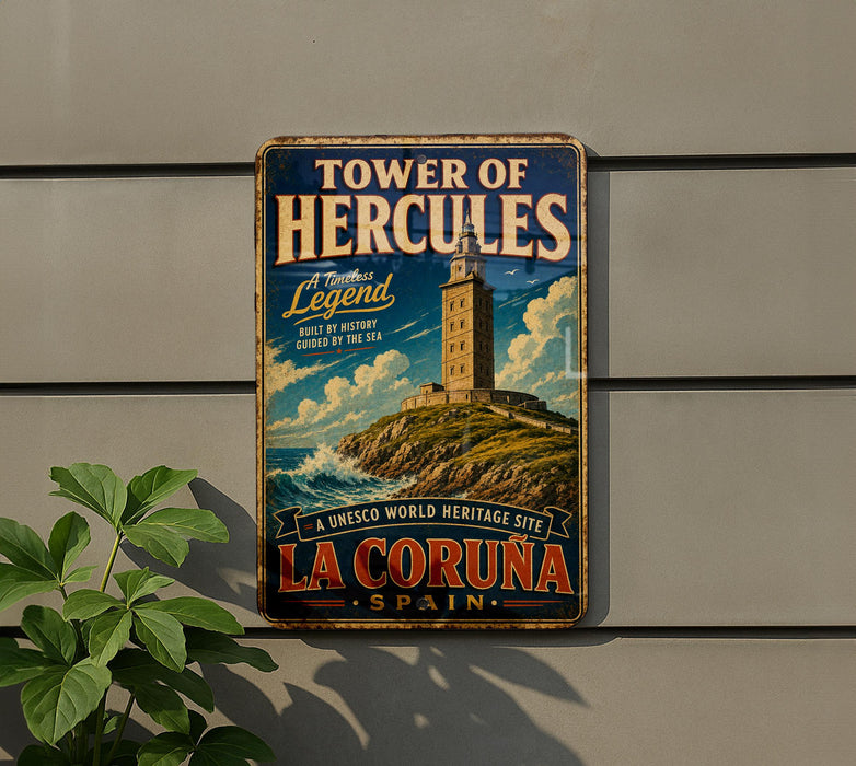 A vintage-style metal sign advertising the Tower of Hercules, a historic lighthouse located in La Coruna, Spain.