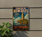 A vintage-style metal sign advertising the Tower of Hercules, a historic lighthouse located in La Coruna, Spain.
