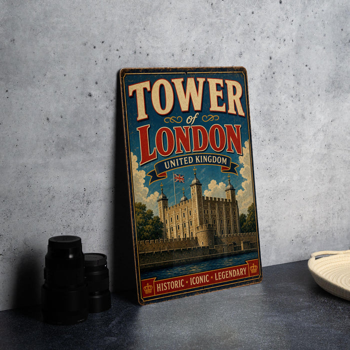 A vintage-style metal sign for the Tower of London, featuring an illustration of the famous London palace and the United Kingdom flag.