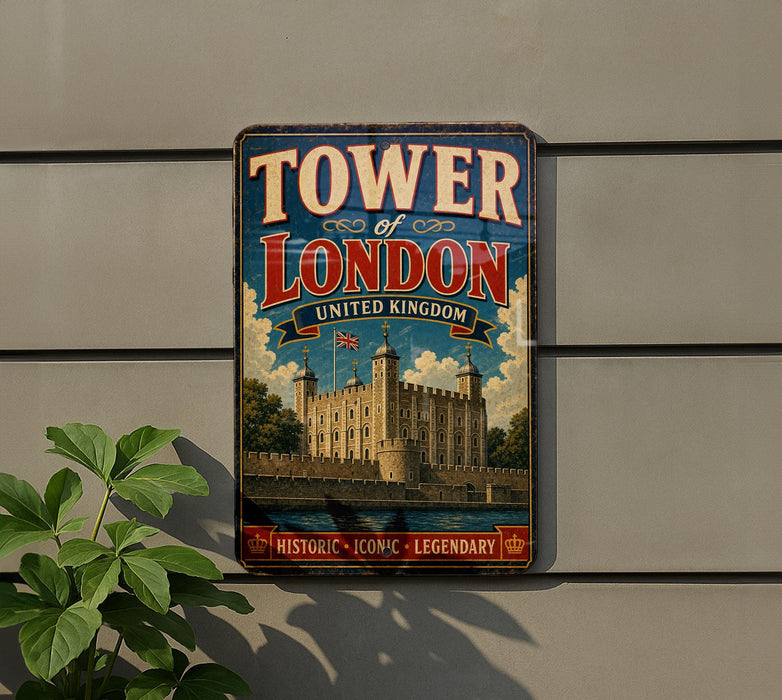 A vintage-style metal sign that reads "TOWER OF LONDON UNITED KINGDOM" with a castle illustration, mounted on a wall.