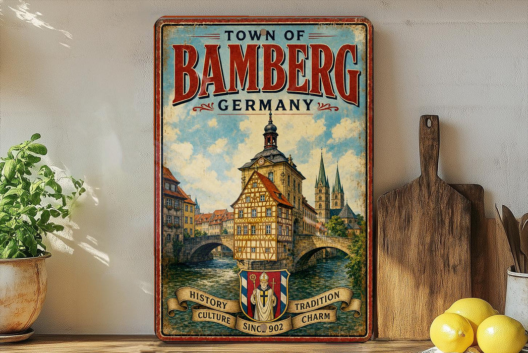 A vintage-style metal sign for the Town of Bamberg, Germany, featuring a painting of a historic building and a bridge.