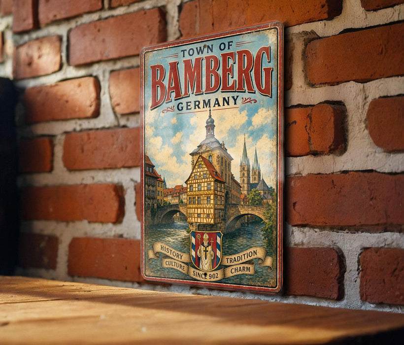 A vintage metal sign for the town of Bambberg, Germany, featuring a castle and a river, mounted on a brick wall.