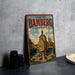 A vintage metal sign for the Town of Bamberg, Germany, featuring an illustration of a historic building and a castle.