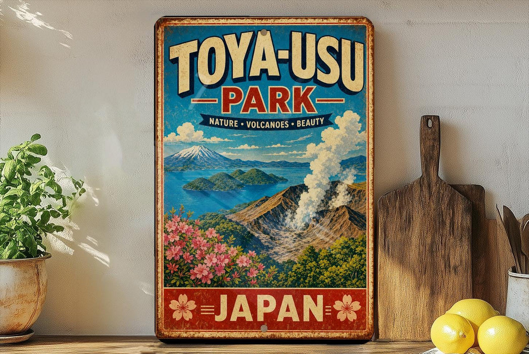 A vintage-style sign for Toya-USU Park, featuring a scenic landscape with mountains, water, and flowers, along with the text "JAPAN" and "TOYA-USU PARK NATURE VOLCANoes E beauty".