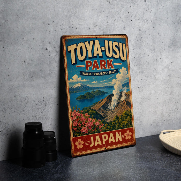 A vintage-style sign for Toya-USU Park, featuring a scenic landscape with mountains, water, and flowers.