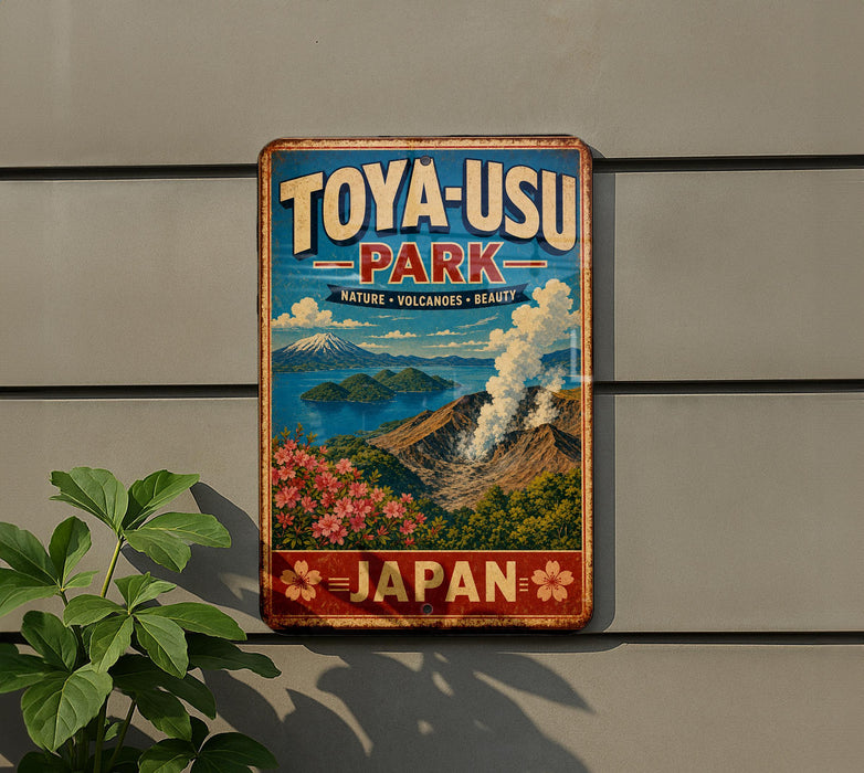 A vintage-style sign for Toya-USU Park, featuring a scenic landscape with mountains, flowers, and a volcano.