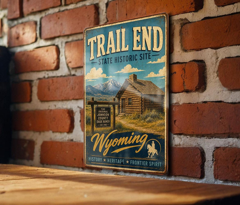 A vintage metal sign for Trail End, a state historic site in Wyoming, mounted on a brick wall.