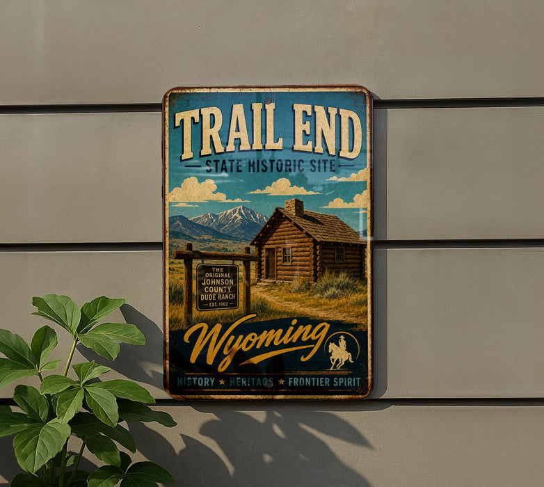 A vintage-style metal sign for Trail End State Historic Site in Wyoming, featuring a cabin and mountains in the background.