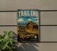 A vintage-style metal sign for Trail End State Historic Site in Wyoming, featuring a cabin and mountains in the background.