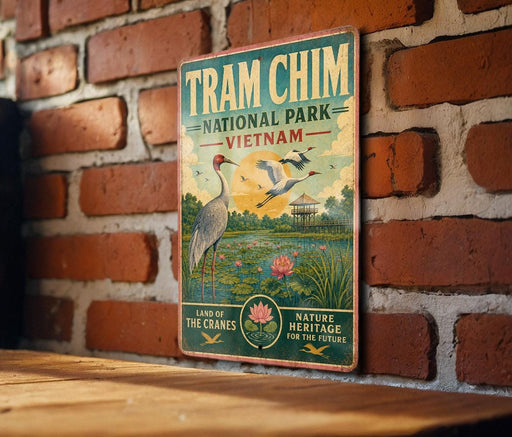 A vintage-style sign for Tram Chim National Park in Vietnam, featuring a crane and a serene landscape.