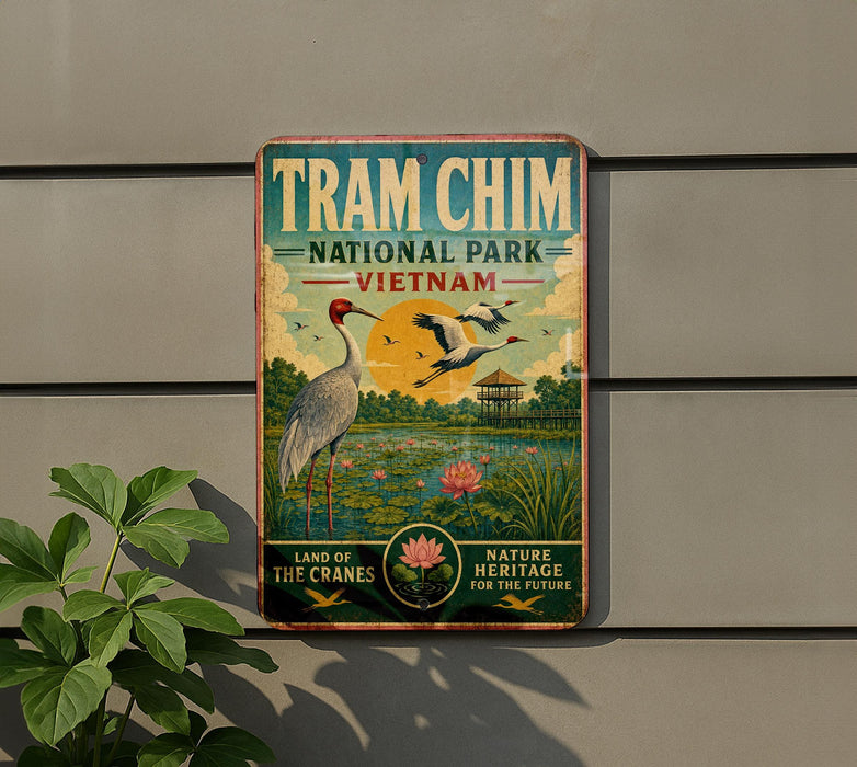 a vintage-style sign for Tram Chim National Park in Vietnam, depicting a crane and a pond with a bird in flight.