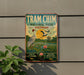 a vintage-style sign for Tram Chim National Park in Vietnam, depicting a crane and a pond with a bird in flight.