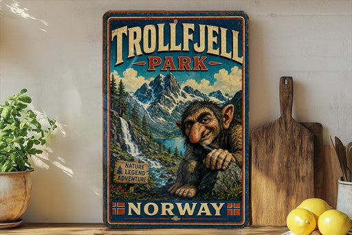 a vintage-style sign for Trollfjell Park in Norway, with a large illustration of a gnome-like creature in the foreground. The sign is displayed on a wooden shelf, surrounded by various kitchen items such as a cutting board, a lemon, and a potted plant.