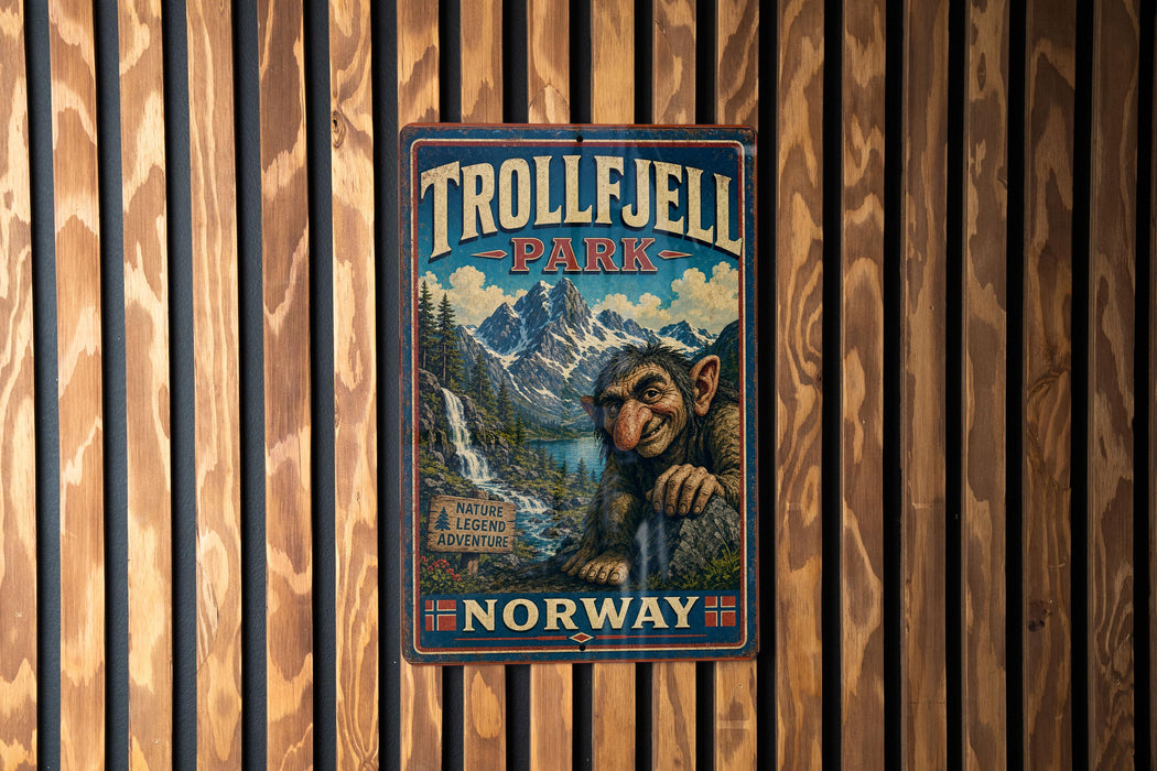 A metal sign with a cartoon image of a troll in a park, with a mountain landscape in the background.