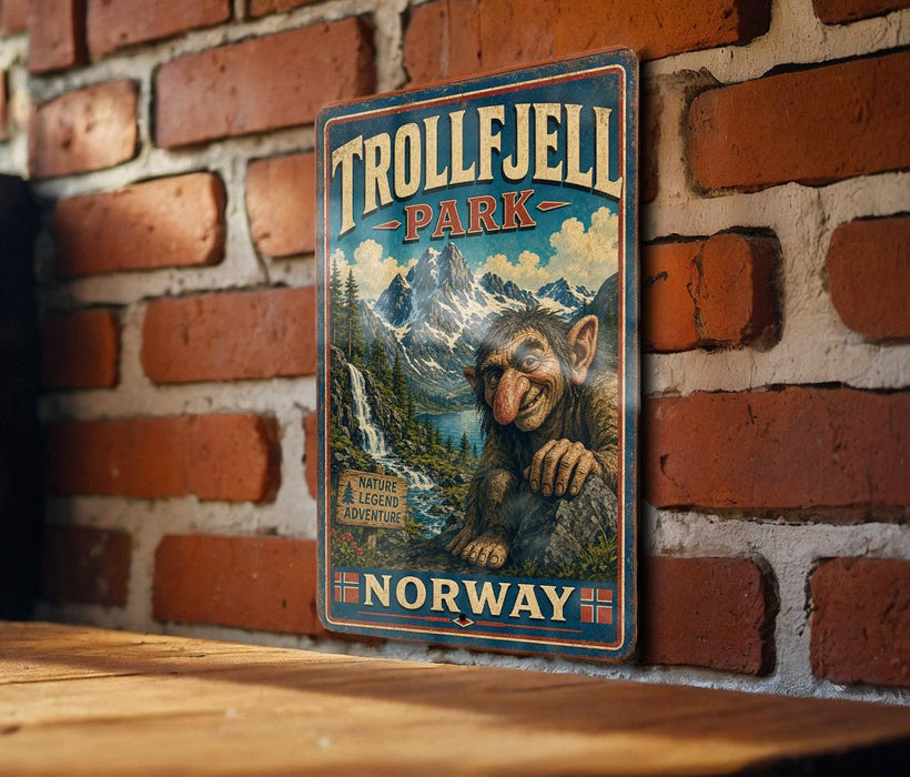 A vintage-style metal sign for Trolljell Park in Norway, featuring a whimsical illustration of a gnome-like creature in a natural landscape.