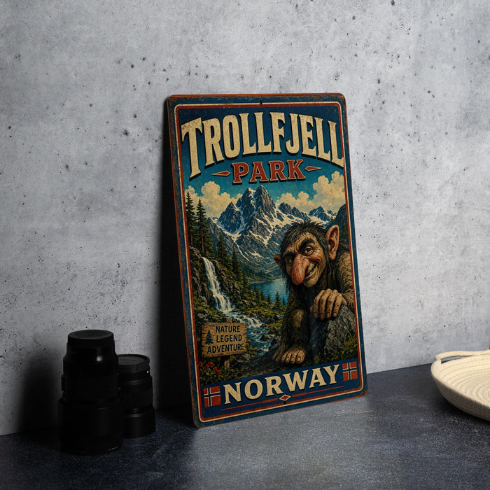 A vintage metal sign for Trollfjell Park in Norway, featuring a large illustration of a troll-like creature in a mountainous landscape.