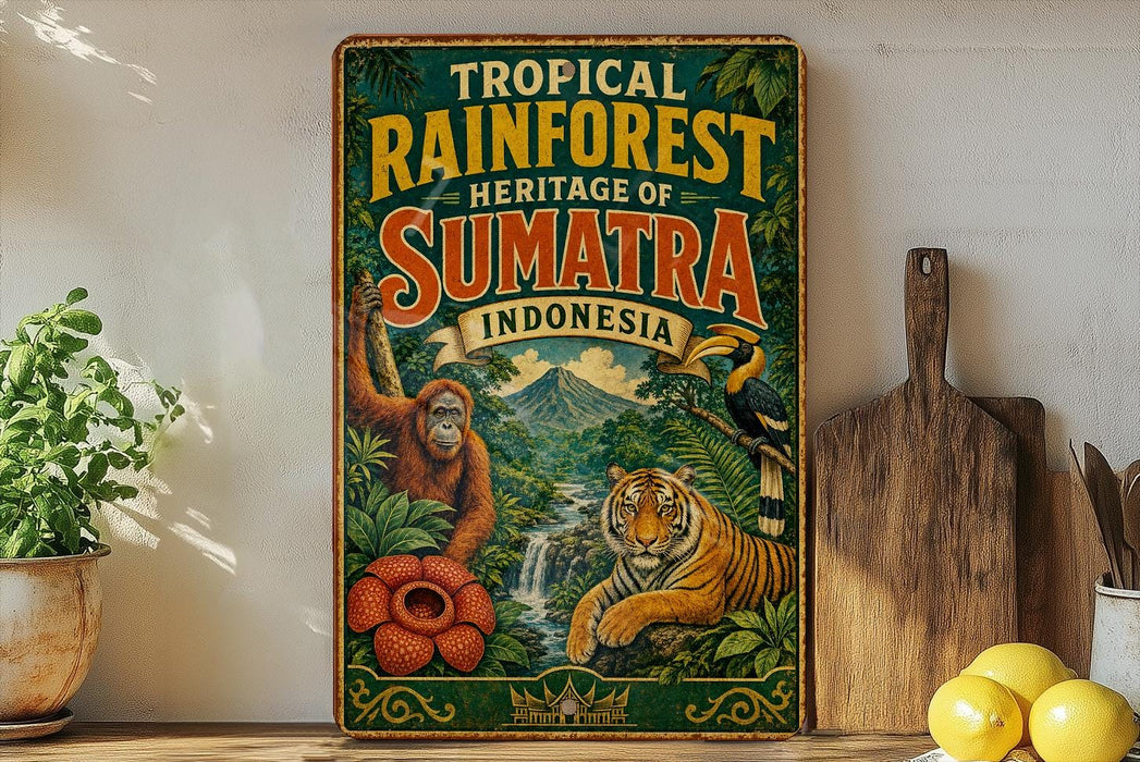 A vintage-style poster advertising the "Tropical Rainforest Heritage of Sumatra, Indonesia" featuring an orangutan, a tiger, and a waterfall.