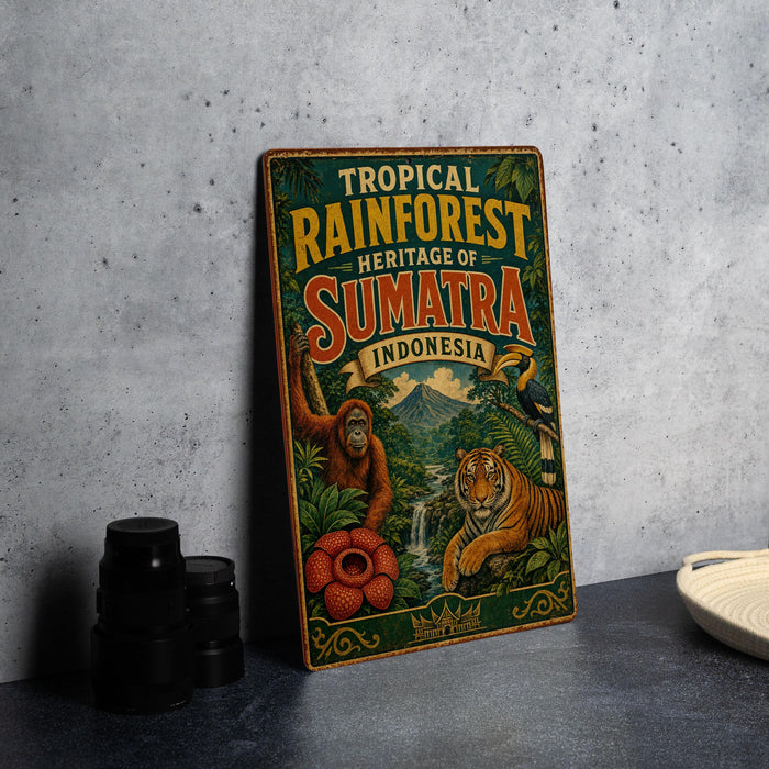 A vintage-style sign advertising the "Tropical Rainforest Heritage of Sumatra Indonesia" is displayed on a gray wall.