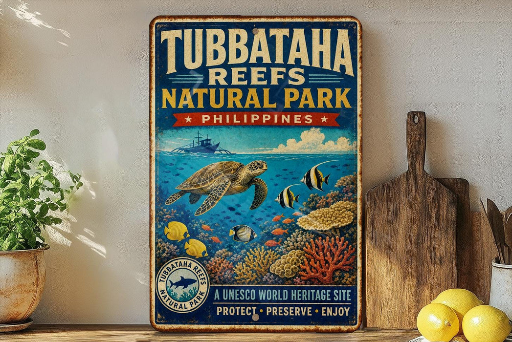 A vintage-style sign for Tubbataha Reefs Natural Park in the Philippines, featuring an illustration of a sea turtle swimming among colorful coral and fish.
