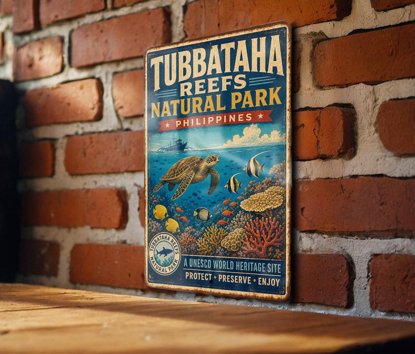 A vintage-style sign for Tubbataha Reefs Natural Park in the Philippines, featuring an illustration of a sea turtle swimming among colorful fish and coral.