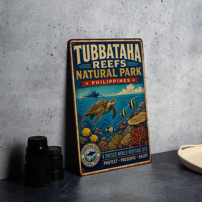 A vintage-style metal sign for Tubbataha Reefs Natural Park in the Philippines, featuring an illustration of a sea turtle and various marine life.