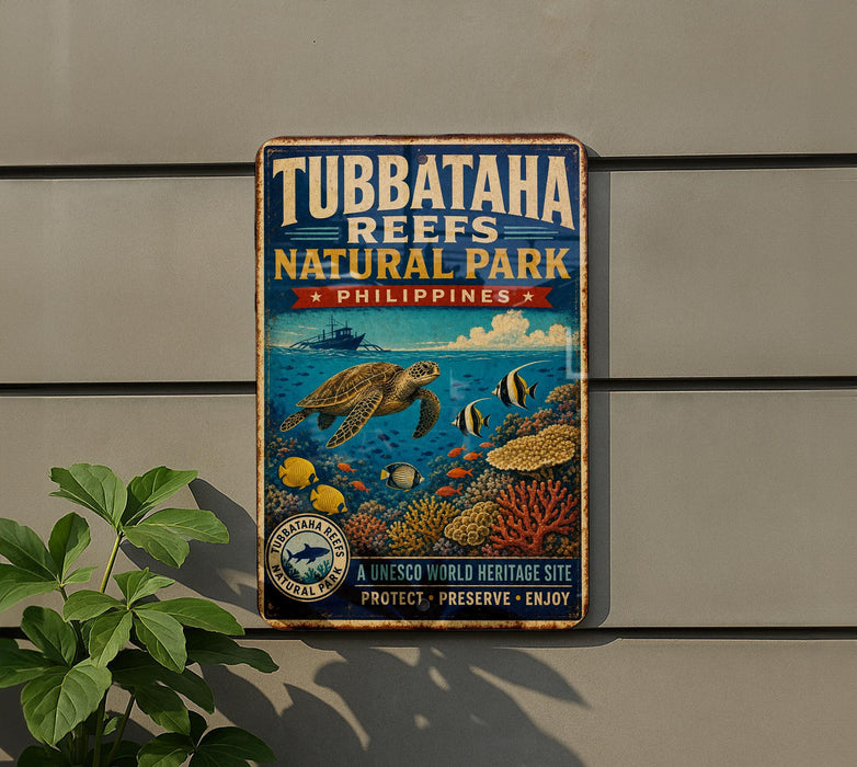A vintage-style metal sign for Tubbataha Reefs Natural Park in the Philippines, featuring an illustration of a turtle swimming among colorful fish and coral.