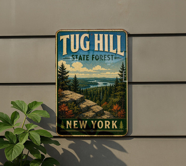 A vintage-style metal sign for Tug Hill State Forest in New York, featuring a scenic landscape with pine trees, a river, and a mountain.