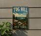 A vintage-style metal sign for Tug Hill State Forest in New York, featuring a scenic landscape with pine trees, a river, and a mountain.