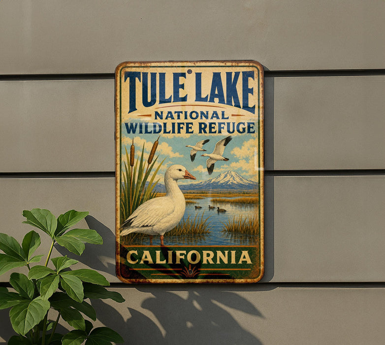 A vintage-style metal sign for Tule Lake National Wildlife Refuge in California, featuring a white duck and a scenic landscape.