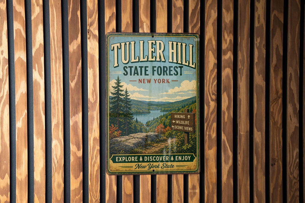 A vintage metal sign for Tuller Hill State Forest in New York, featuring a scenic landscape with a lake and mountains.
