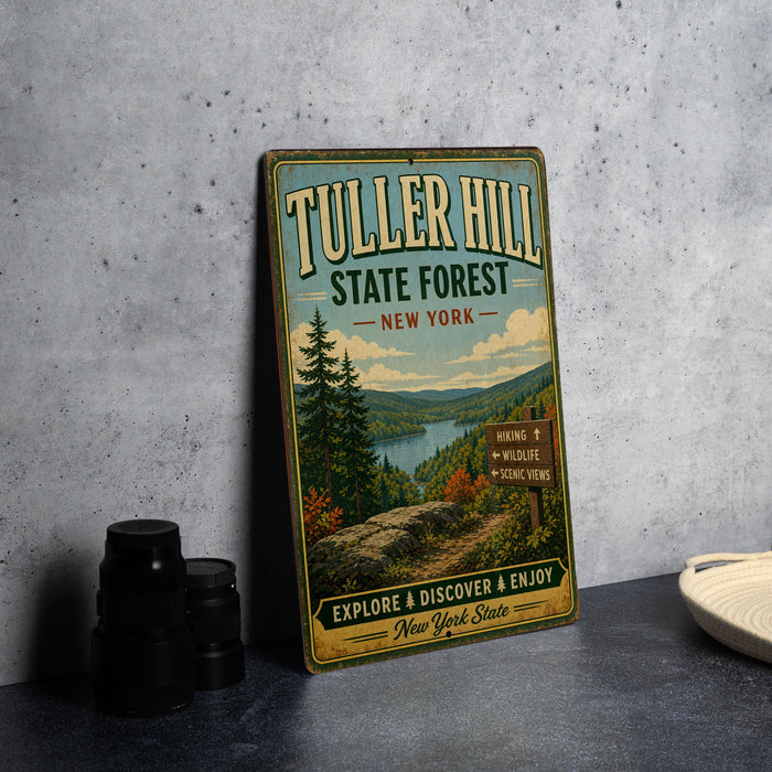 A vintage metal sign for Tuller Hill State Forest in New York, featuring a scenic landscape with pine trees, a lake, and mountains.