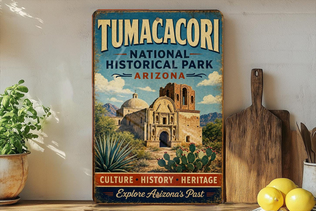 A vintage-style sign for Tumacori National Historical Park in Arizona, featuring an illustration of the historic Mission of San Ignacio and the surrounding desert landscape.