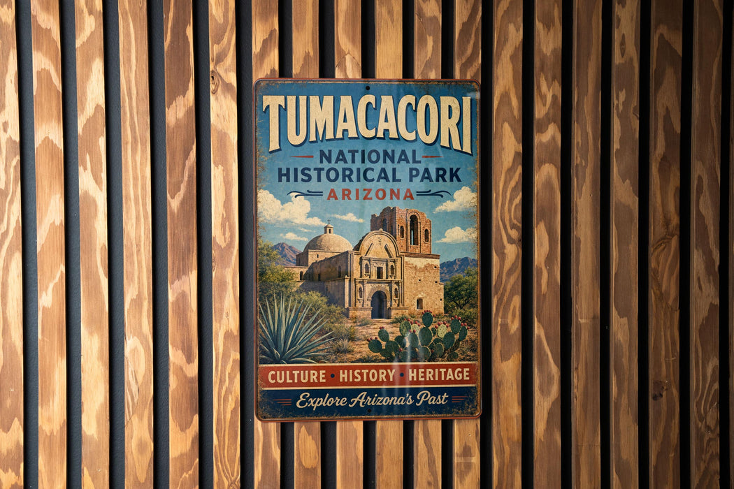 A vintage metal sign for Tumacori National Historical Park in Arizona, featuring an illustration of a historic building surrounded by desert vegetation.
