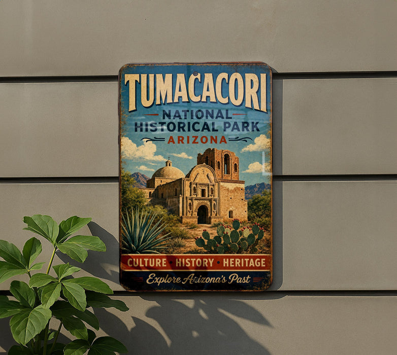 A vintage-style sign for Tumacori National Historical Park in Arizona, featuring an illustration of a historic building surrounded by desert vegetation.