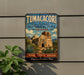 A vintage-style sign for Tumacori National Historical Park in Arizona, featuring an illustration of a historic building surrounded by desert vegetation.