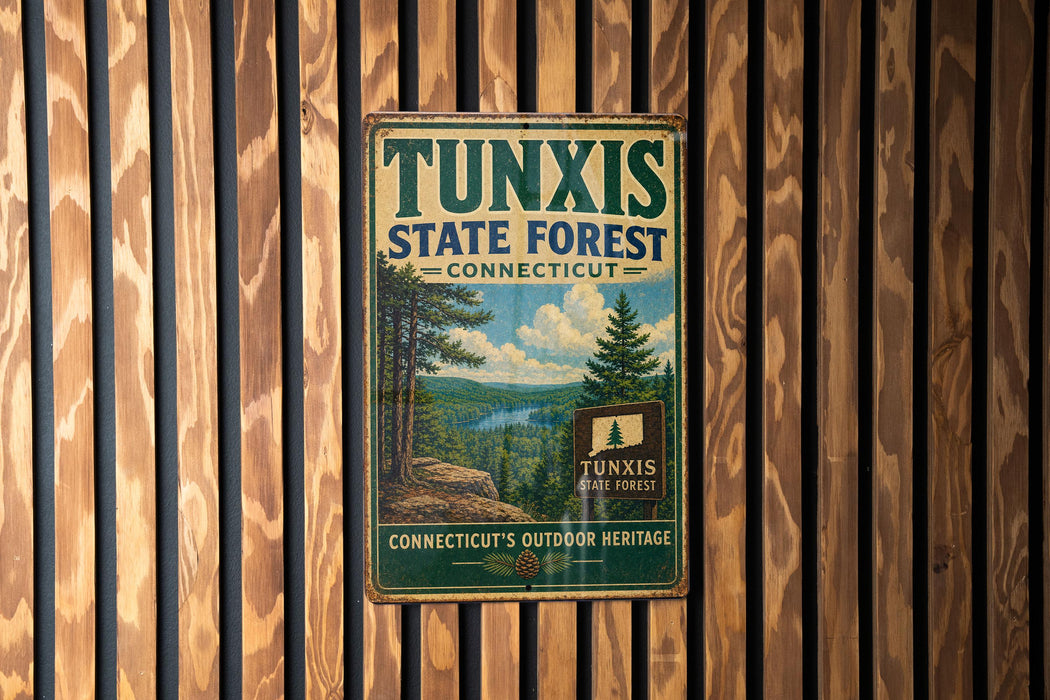 A vintage metal sign for Tunxis State Forest in Connecticut, featuring a scenic landscape with pine trees and a river.
