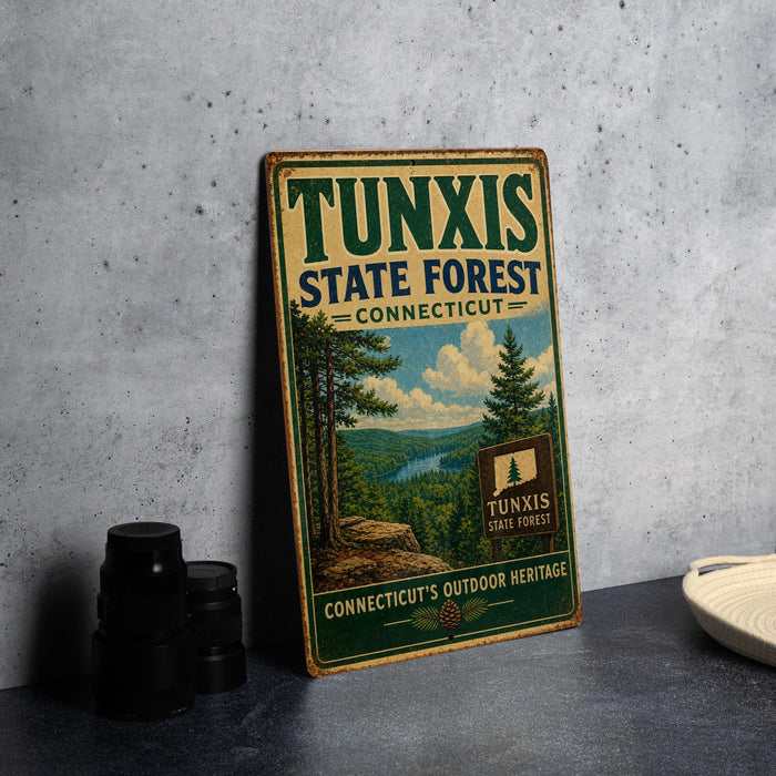 A vintage-style sign for Tunxis State Forest in Connecticut, featuring a scenic illustration of a forest landscape with pine trees and a river.