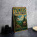 A vintage-style sign for Tunxis State Forest in Connecticut, featuring a scenic illustration of a forest landscape with pine trees and a river.