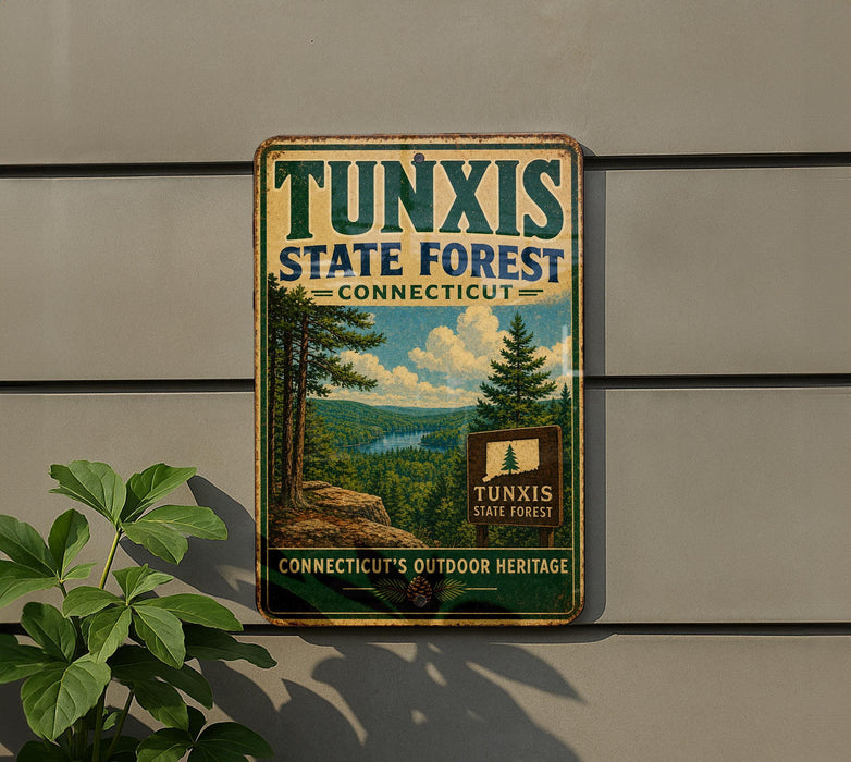 A vintage metal sign for Tunxis State Forest in Connecticut, featuring a scenic landscape with pine trees and a river.
