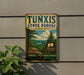A vintage metal sign for Tunxis State Forest in Connecticut, featuring a scenic landscape with pine trees and a river.