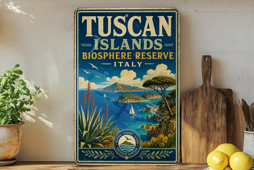 A vintage-style poster advertising the Tuscan Islands Biosphere Reserve in Italy, featuring a scenic landscape with mountains, a coastline, and a sailboat.