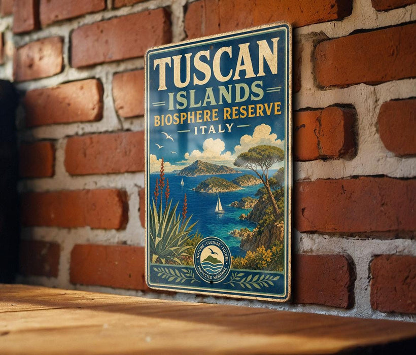 A vintage-style metal sign with the text "TUSCAN ISLANDS BIOSPHERE RESERVE ITALY" is displayed on a brick wall.