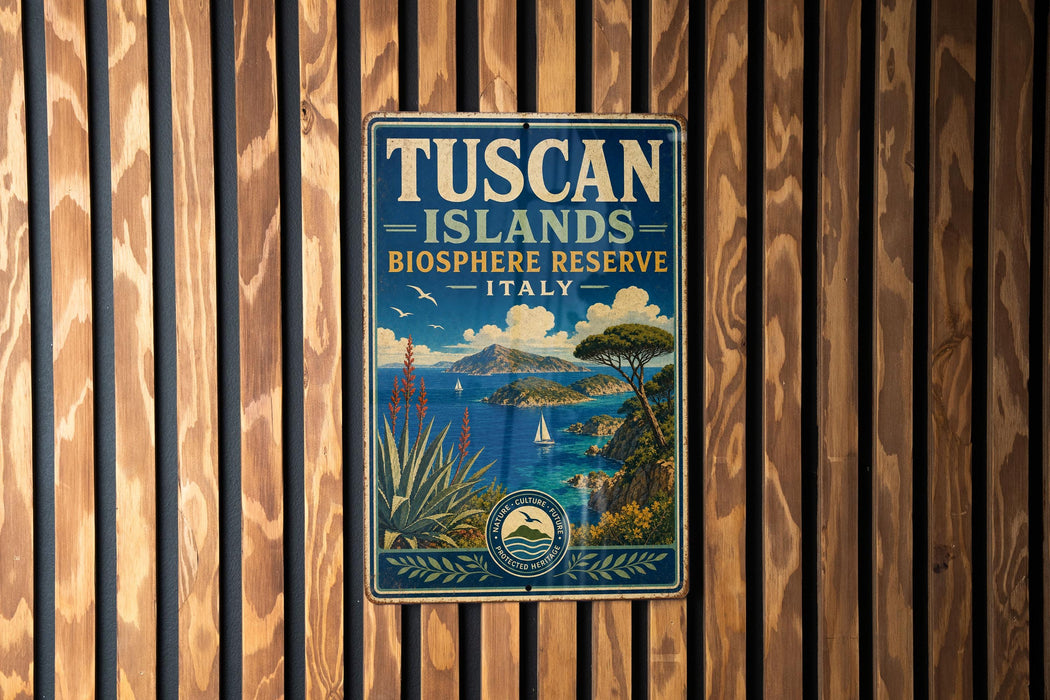 A vintage-style metal sign with the text "TUSCAN ISLANDS BIOSPHERE RESERVE ITALY" is displayed on a wooden wall.