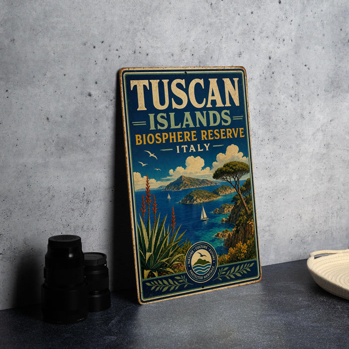 A vintage-style sign for the Tuscan Islands Biosphere Reserve in Italy, featuring a scenic landscape with a body of water, mountains, and a sailboat.