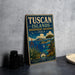A vintage-style sign for the Tuscan Islands Biosphere Reserve in Italy, featuring a scenic landscape with a body of water, mountains, and a sailboat.