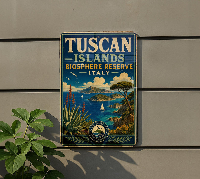 A vintage-style sign for the Tuscan Islands Biosphere Reserve in Italy, featuring a scenic landscape with mountains, a coastline, and a small island with a palm tree.