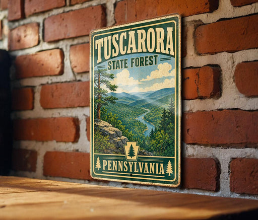 A vintage-style metal sign for Tuscarora State Forest in Pennsylvania, featuring a scenic mountain landscape with pine trees and a winding river.