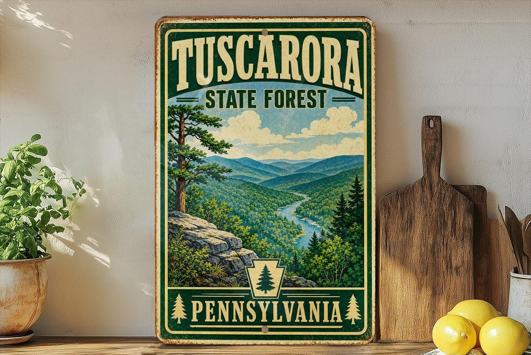 A vintage-style metal sign for Tuscarora State Forest in Pennsylvania, featuring a scenic mountain landscape with pine trees and a winding river.